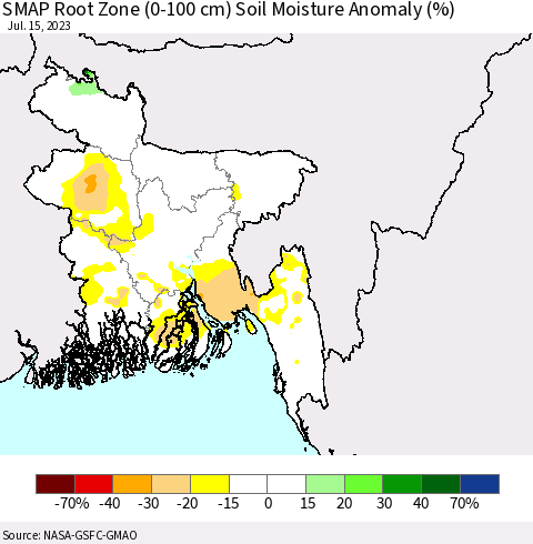 Bangladesh SMAP Root Zone (0-100 cm) Soil Moisture Anomaly (%) Thematic Map For 7/11/2023 - 7/15/2023