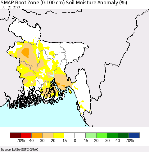 Bangladesh SMAP Root Zone (0-100 cm) Soil Moisture Anomaly (%) Thematic Map For 7/16/2023 - 7/20/2023