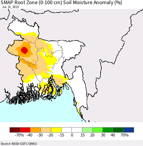 Bangladesh SMAP Root Zone (0-100 cm) Soil Moisture Anomaly (%) Thematic Map For 7/26/2023 - 7/31/2023