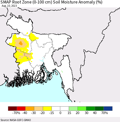 Bangladesh SMAP Root Zone (0-100 cm) Soil Moisture Anomaly (%) Thematic Map For 8/6/2023 - 8/10/2023