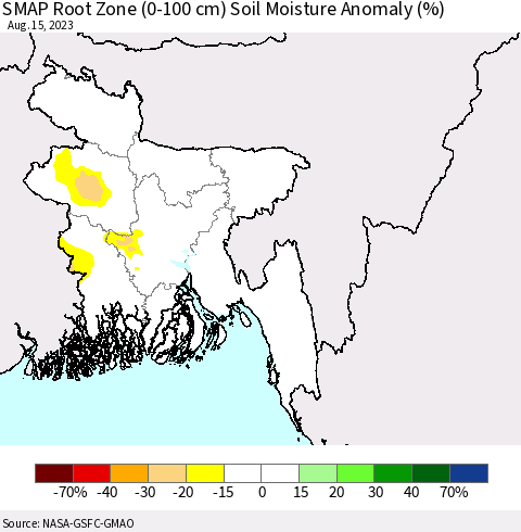 Bangladesh SMAP Root Zone (0-100 cm) Soil Moisture Anomaly (%) Thematic Map For 8/11/2023 - 8/15/2023