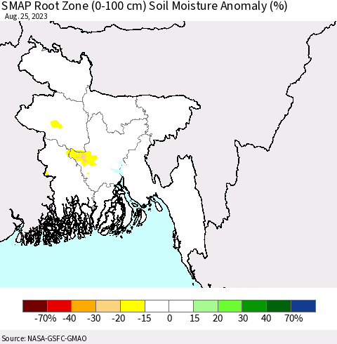 Bangladesh SMAP Root Zone (0-100 cm) Soil Moisture Anomaly (%) Thematic Map For 8/21/2023 - 8/25/2023