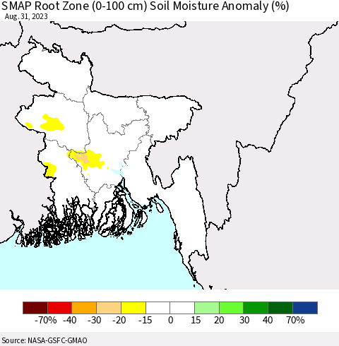 Bangladesh SMAP Root Zone (0-100 cm) Soil Moisture Anomaly (%) Thematic Map For 8/26/2023 - 8/31/2023
