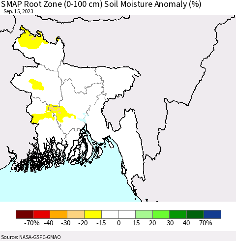 Bangladesh SMAP Root Zone (0-100 cm) Soil Moisture Anomaly (%) Thematic Map For 9/11/2023 - 9/15/2023