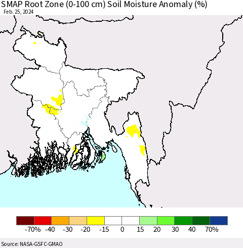 Bangladesh SMAP Root Zone (0-100 cm) Soil Moisture Anomaly (%) Thematic Map For 2/21/2024 - 2/25/2024