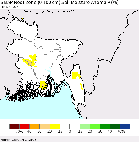 Bangladesh SMAP Root Zone (0-100 cm) Soil Moisture Anomaly (%) Thematic Map For 2/26/2024 - 2/29/2024