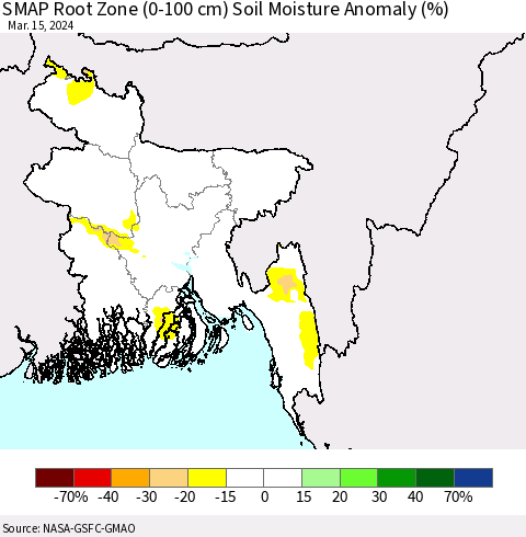 Bangladesh SMAP Root Zone (0-100 cm) Soil Moisture Anomaly (%) Thematic Map For 3/11/2024 - 3/15/2024