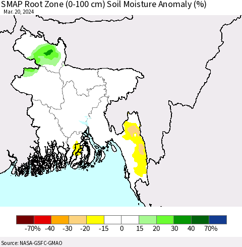 Bangladesh SMAP Root Zone (0-100 cm) Soil Moisture Anomaly (%) Thematic Map For 3/16/2024 - 3/20/2024