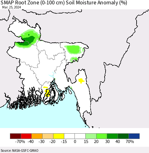 Bangladesh SMAP Root Zone (0-100 cm) Soil Moisture Anomaly (%) Thematic Map For 3/21/2024 - 3/25/2024