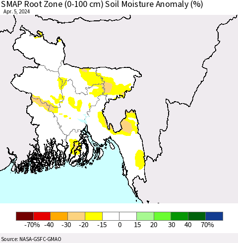 Bangladesh SMAP Root Zone (0-100 cm) Soil Moisture Anomaly (%) Thematic Map For 4/1/2024 - 4/5/2024