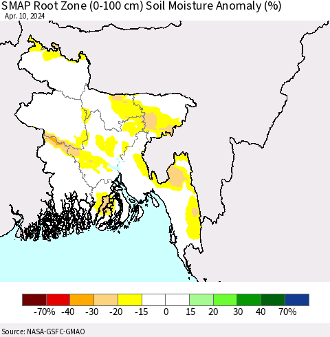 Bangladesh SMAP Root Zone (0-100 cm) Soil Moisture Anomaly (%) Thematic Map For 4/6/2024 - 4/10/2024