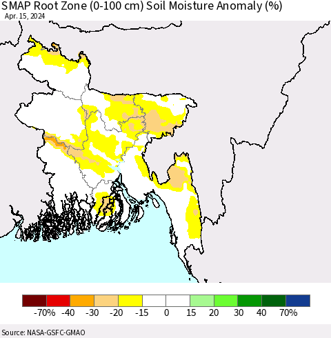 Bangladesh SMAP Root Zone (0-100 cm) Soil Moisture Anomaly (%) Thematic Map For 4/11/2024 - 4/15/2024