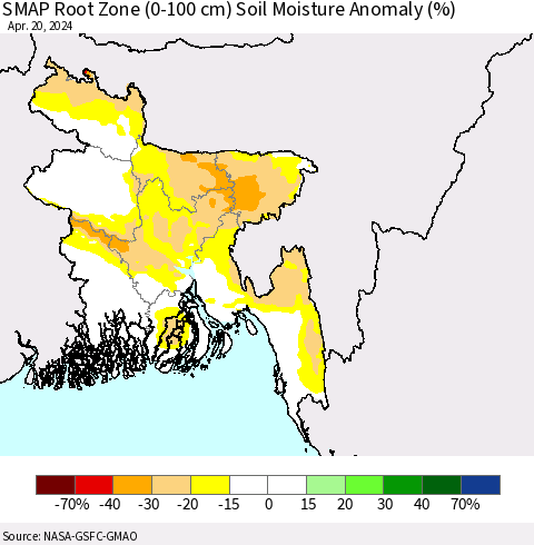 Bangladesh SMAP Root Zone (0-100 cm) Soil Moisture Anomaly (%) Thematic Map For 4/16/2024 - 4/20/2024