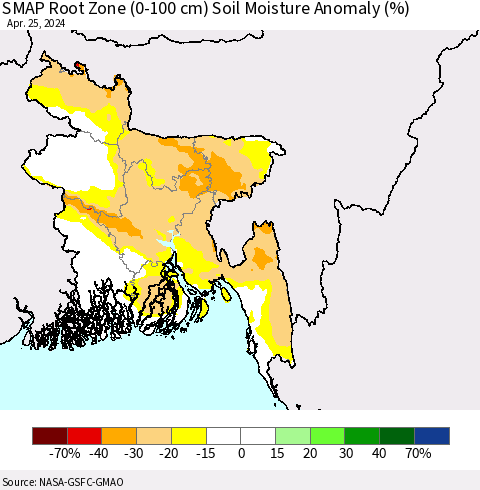 Bangladesh SMAP Root Zone (0-100 cm) Soil Moisture Anomaly (%) Thematic Map For 4/21/2024 - 4/25/2024