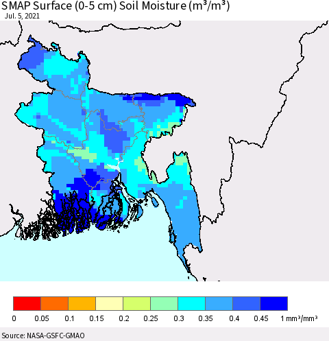 Bangladesh SMAP Surface (0-5 cm) Soil Moisture (m³/m³) Thematic Map For 7/1/2021 - 7/5/2021