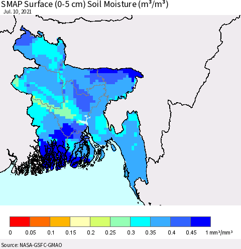 Bangladesh SMAP Surface (0-5 cm) Soil Moisture (m³/m³) Thematic Map For 7/6/2021 - 7/10/2021