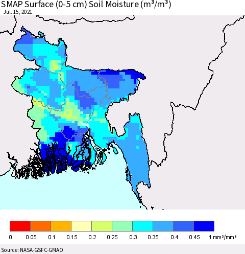 Bangladesh SMAP Surface (0-5 cm) Soil Moisture (m³/m³) Thematic Map For 7/11/2021 - 7/15/2021