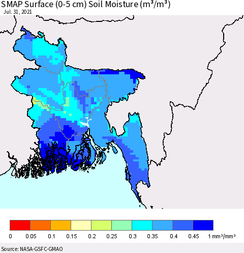 Bangladesh SMAP Surface (0-5 cm) Soil Moisture (m³/m³) Thematic Map For 7/26/2021 - 7/31/2021