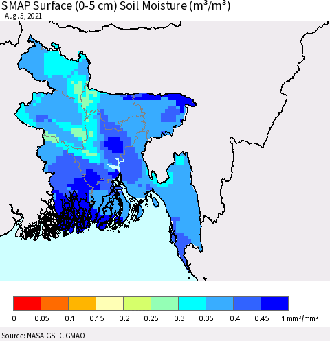 Bangladesh SMAP Surface (0-5 cm) Soil Moisture (m³/m³) Thematic Map For 8/1/2021 - 8/5/2021