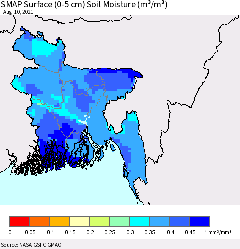 Bangladesh SMAP Surface (0-5 cm) Soil Moisture (m³/m³) Thematic Map For 8/6/2021 - 8/10/2021
