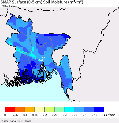 Bangladesh SMAP Surface (0-5 cm) Soil Moisture (m³/m³) Thematic Map For 8/11/2021 - 8/15/2021