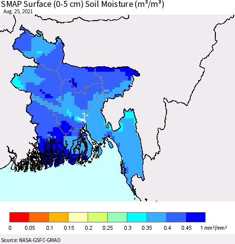 Bangladesh SMAP Surface (0-5 cm) Soil Moisture (m³/m³) Thematic Map For 8/21/2021 - 8/25/2021