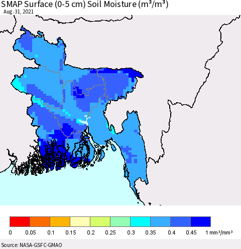 Bangladesh SMAP Surface (0-5 cm) Soil Moisture (m³/m³) Thematic Map For 8/26/2021 - 8/31/2021