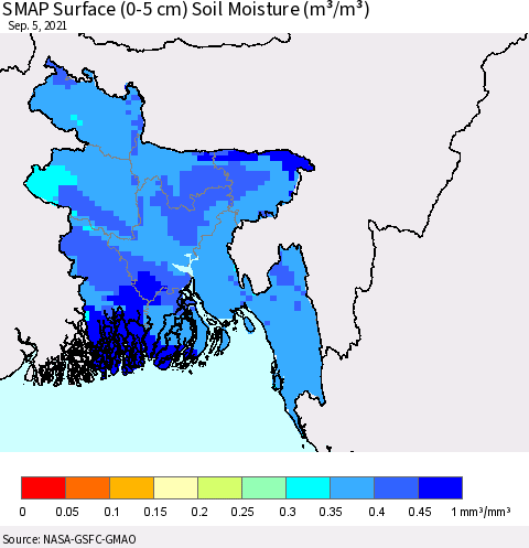 Bangladesh SMAP Surface (0-5 cm) Soil Moisture (m³/m³) Thematic Map For 9/1/2021 - 9/5/2021