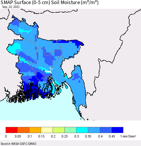 Bangladesh SMAP Surface (0-5 cm) Soil Moisture (m³/m³) Thematic Map For 9/6/2021 - 9/10/2021