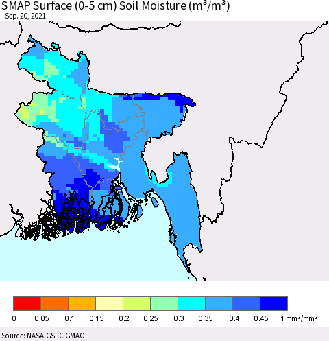 Bangladesh SMAP Surface (0-5 cm) Soil Moisture (m³/m³) Thematic Map For 9/16/2021 - 9/20/2021