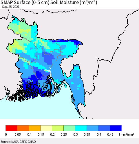Bangladesh SMAP Surface (0-5 cm) Soil Moisture (m³/m³) Thematic Map For 9/21/2021 - 9/25/2021