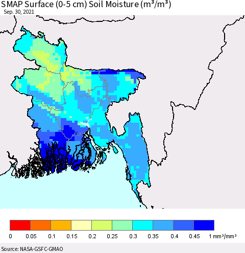 Bangladesh SMAP Surface (0-5 cm) Soil Moisture (m³/m³) Thematic Map For 9/26/2021 - 9/30/2021