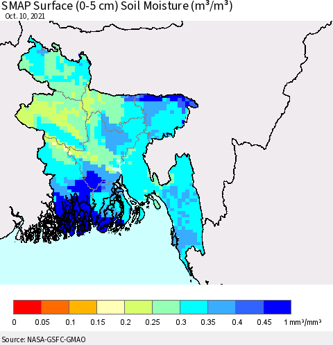Bangladesh SMAP Surface (0-5 cm) Soil Moisture (m³/m³) Thematic Map For 10/6/2021 - 10/10/2021