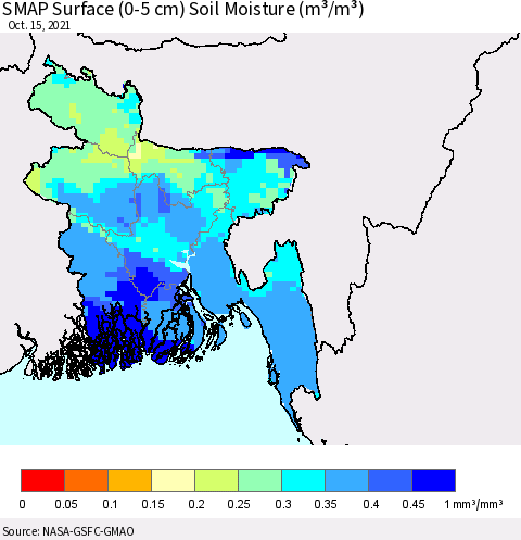 Bangladesh SMAP Surface (0-5 cm) Soil Moisture (m³/m³) Thematic Map For 10/11/2021 - 10/15/2021