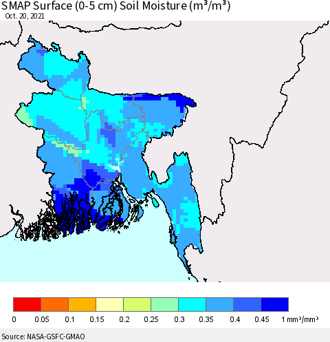 Bangladesh SMAP Surface (0-5 cm) Soil Moisture (m³/m³) Thematic Map For 10/16/2021 - 10/20/2021