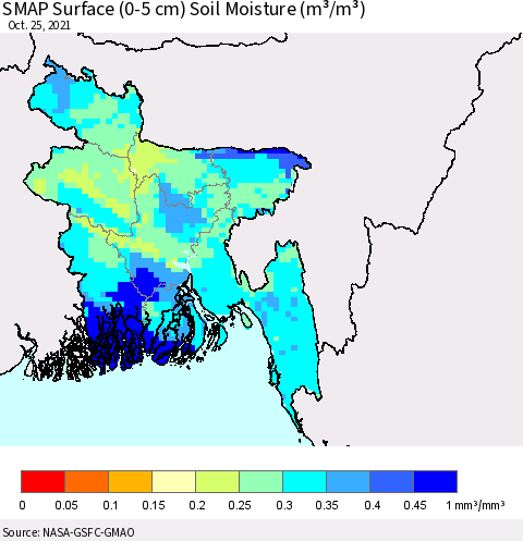 Bangladesh SMAP Surface (0-5 cm) Soil Moisture (m³/m³) Thematic Map For 10/21/2021 - 10/25/2021