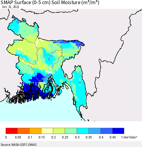 Bangladesh SMAP Surface (0-5 cm) Soil Moisture (m³/m³) Thematic Map For 10/26/2021 - 10/31/2021