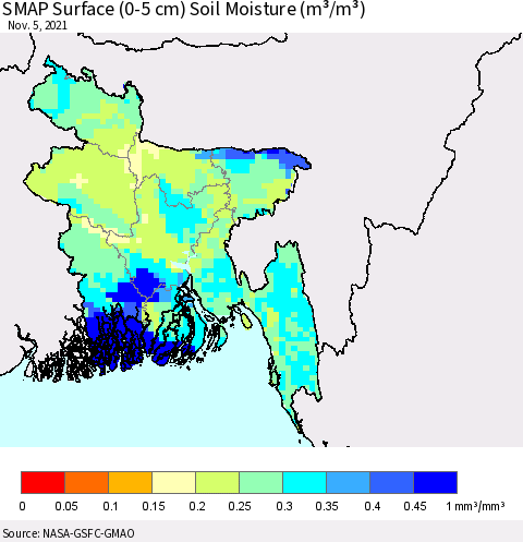 Bangladesh SMAP Surface (0-5 cm) Soil Moisture (m³/m³) Thematic Map For 11/1/2021 - 11/5/2021