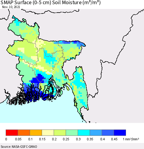 Bangladesh SMAP Surface (0-5 cm) Soil Moisture (m³/m³) Thematic Map For 11/6/2021 - 11/10/2021