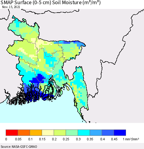 Bangladesh SMAP Surface (0-5 cm) Soil Moisture (m³/m³) Thematic Map For 11/11/2021 - 11/15/2021