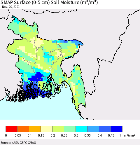 Bangladesh SMAP Surface (0-5 cm) Soil Moisture (m³/m³) Thematic Map For 11/16/2021 - 11/20/2021