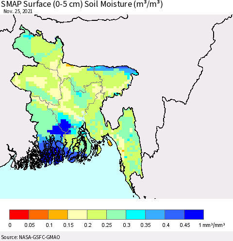 Bangladesh SMAP Surface (0-5 cm) Soil Moisture (m³/m³) Thematic Map For 11/21/2021 - 11/25/2021