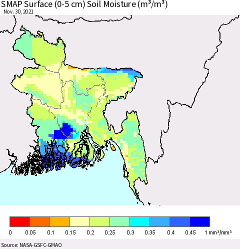 Bangladesh SMAP Surface (0-5 cm) Soil Moisture (m³/m³) Thematic Map For 11/26/2021 - 11/30/2021