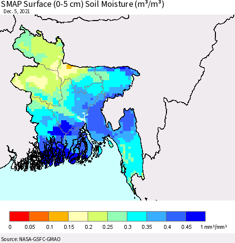 Bangladesh SMAP Surface (0-5 cm) Soil Moisture (m³/m³) Thematic Map For 12/1/2021 - 12/5/2021