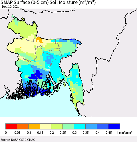 Bangladesh SMAP Surface (0-5 cm) Soil Moisture (m³/m³) Thematic Map For 12/6/2021 - 12/10/2021