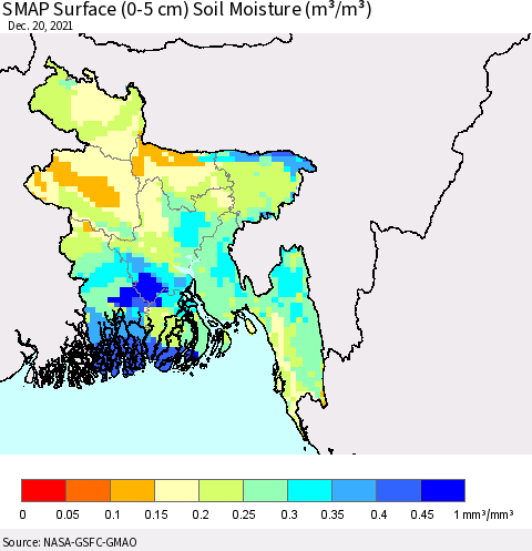 Bangladesh SMAP Surface (0-5 cm) Soil Moisture (m³/m³) Thematic Map For 12/16/2021 - 12/20/2021