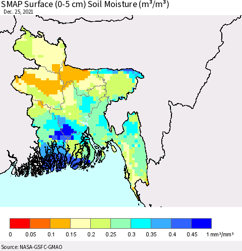 Bangladesh SMAP Surface (0-5 cm) Soil Moisture (m³/m³) Thematic Map For 12/21/2021 - 12/25/2021