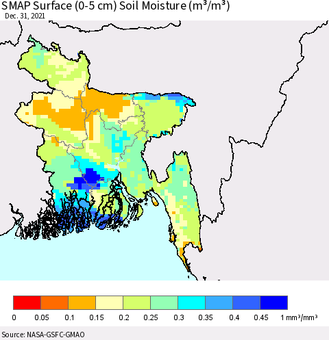 Bangladesh SMAP Surface (0-5 cm) Soil Moisture (m³/m³) Thematic Map For 12/26/2021 - 12/31/2021