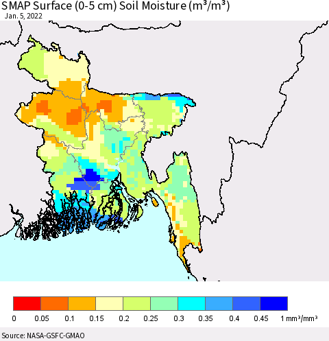 Bangladesh SMAP Surface (0-5 cm) Soil Moisture (m³/m³) Thematic Map For 1/1/2022 - 1/5/2022