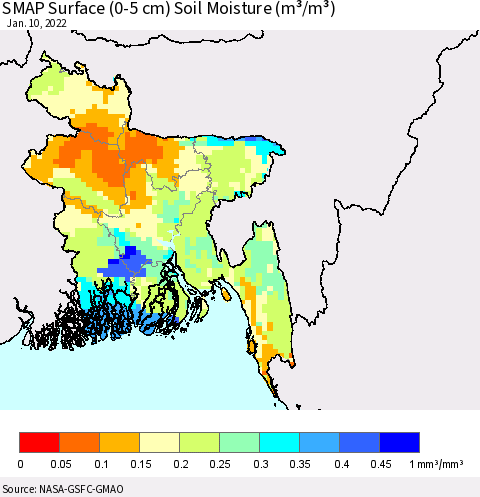 Bangladesh SMAP Surface (0-5 cm) Soil Moisture (m³/m³) Thematic Map For 1/6/2022 - 1/10/2022